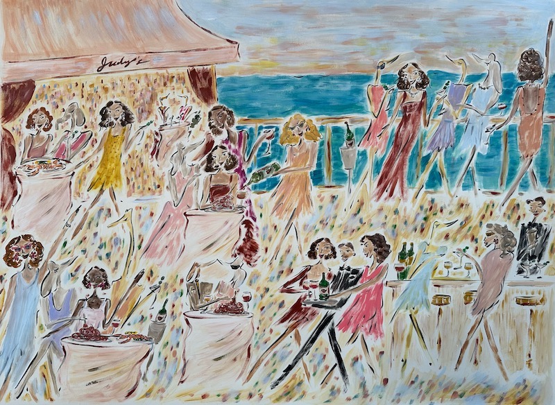 painting of people at a beach restaurant